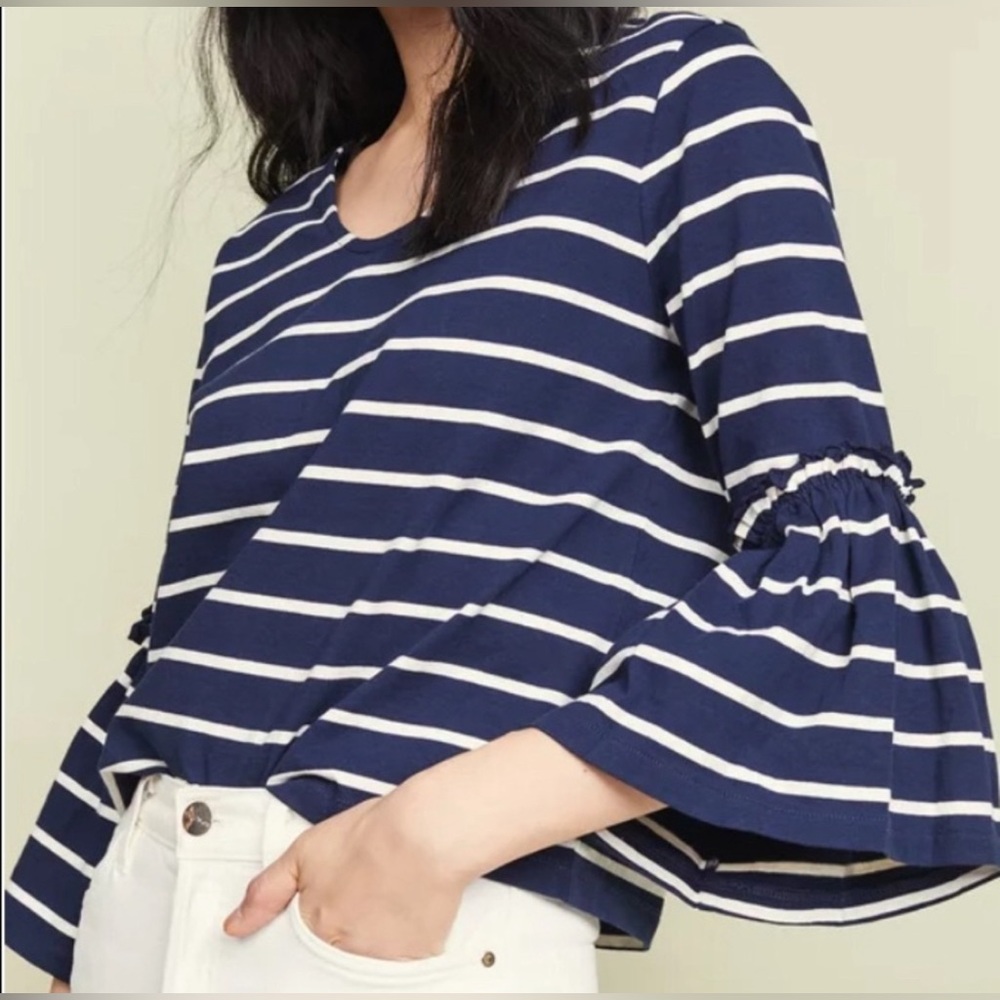 Madewell Striped Blouse Navy Blue & White Shirt Size Ruffle Sleeve Top M